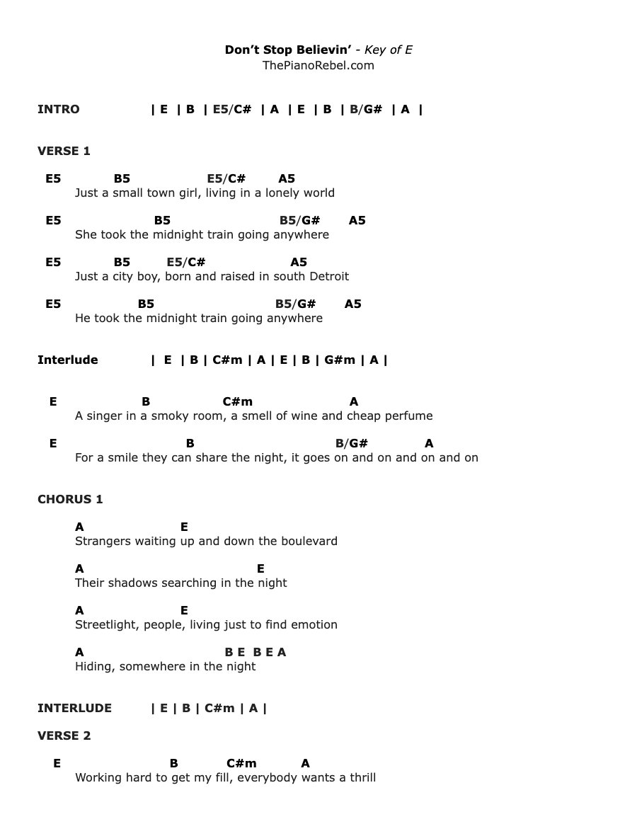 Preview of the Don't Stop Believin' sheet