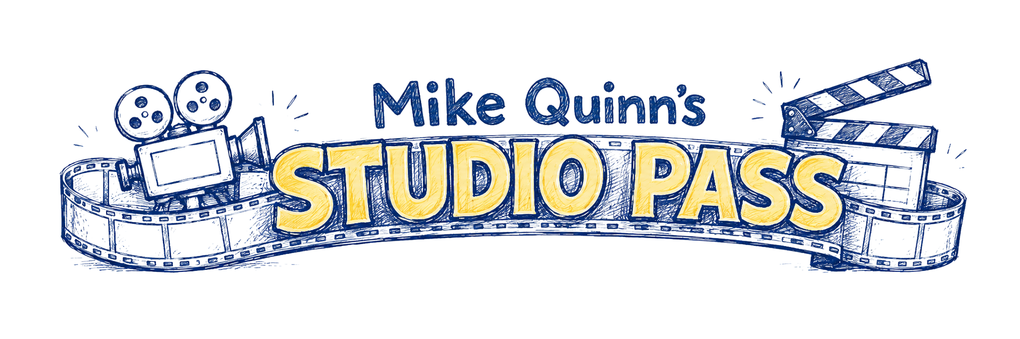 Mike Quinn’s Studio Pass illustrated logo with film camera, filmstrip and clapperboard