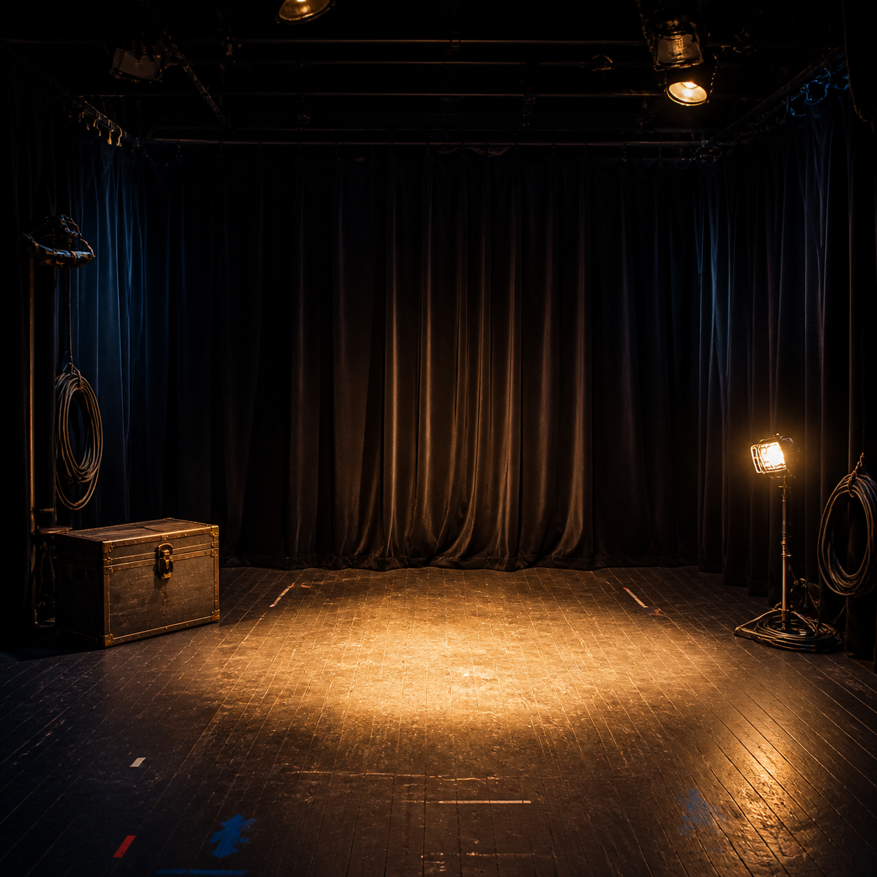 Empty studio stage lit by warm practical lights