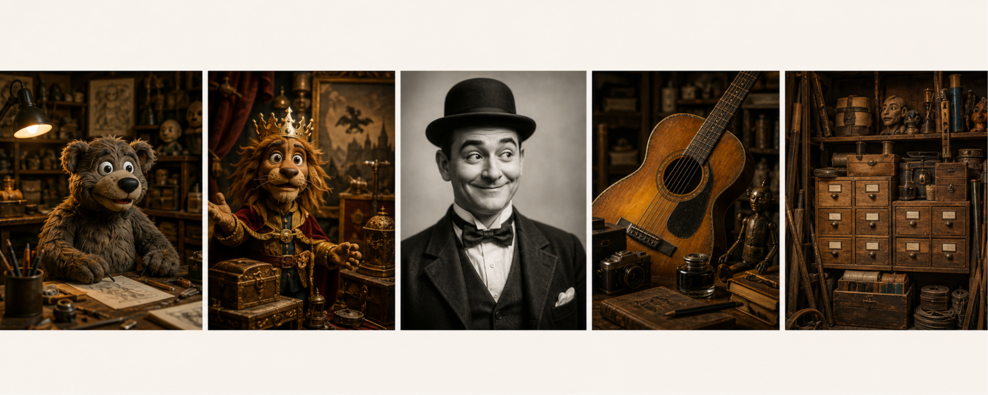 Five backstage glimpses featuring original puppet characters, a fictional silent-film portrait, music and archive storage