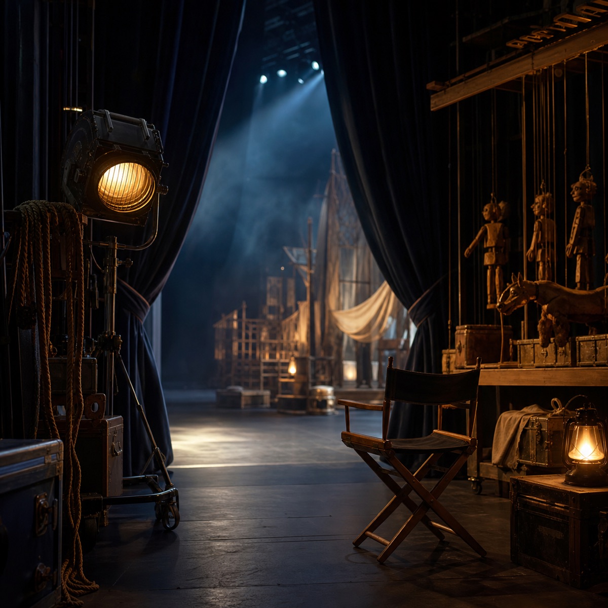 A warmly lit backstage theatre with curtains, studio lights and a director’s chair