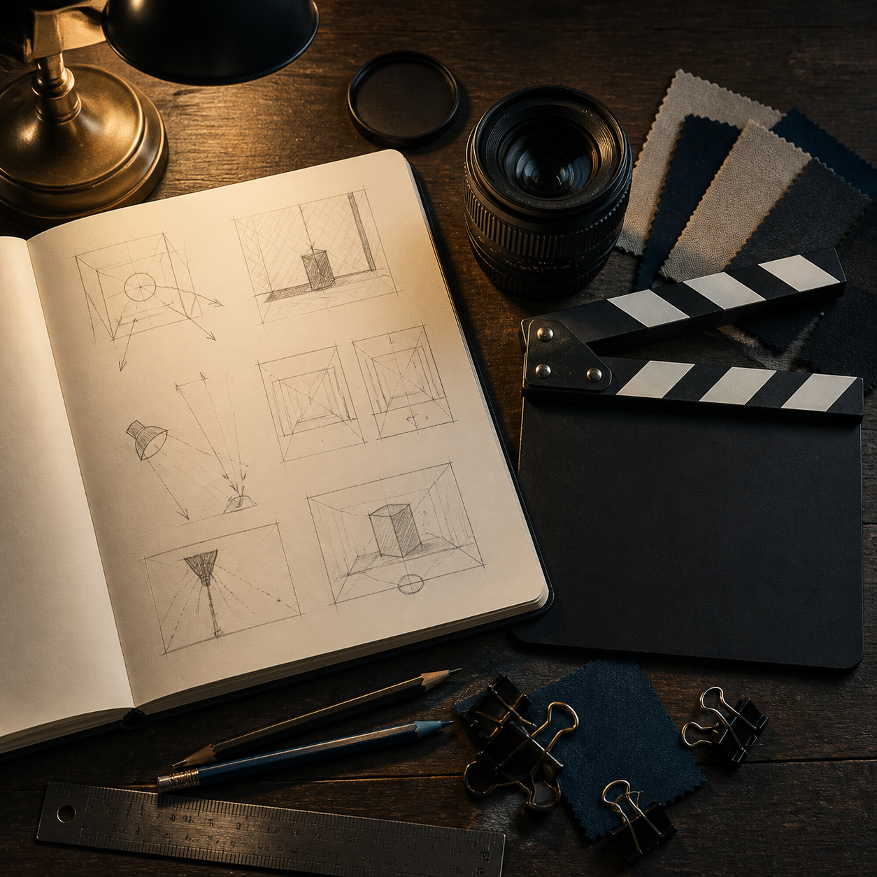 Sketchbook, camera lens and clapperboard on a studio workbench
