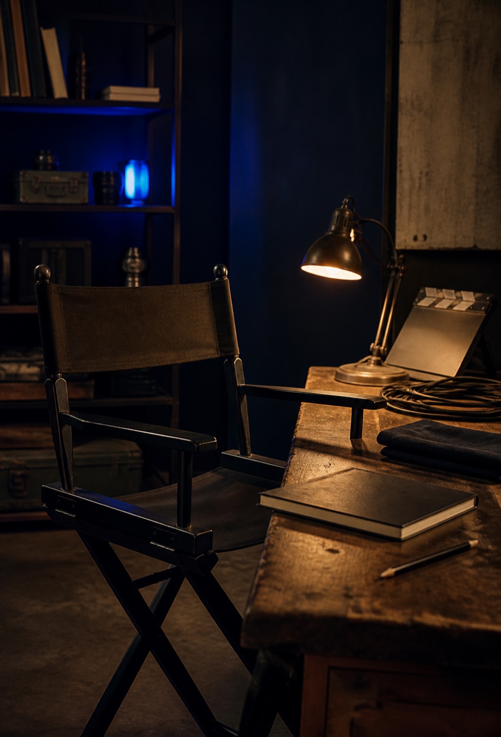 Empty director’s chair beside a warmly lit studio workbench