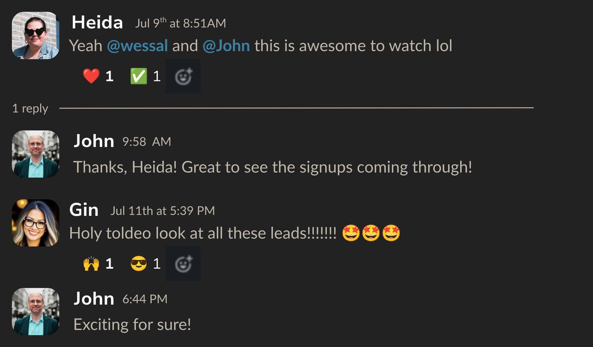 Slack thread: Heida, John and Gin on leads coming through