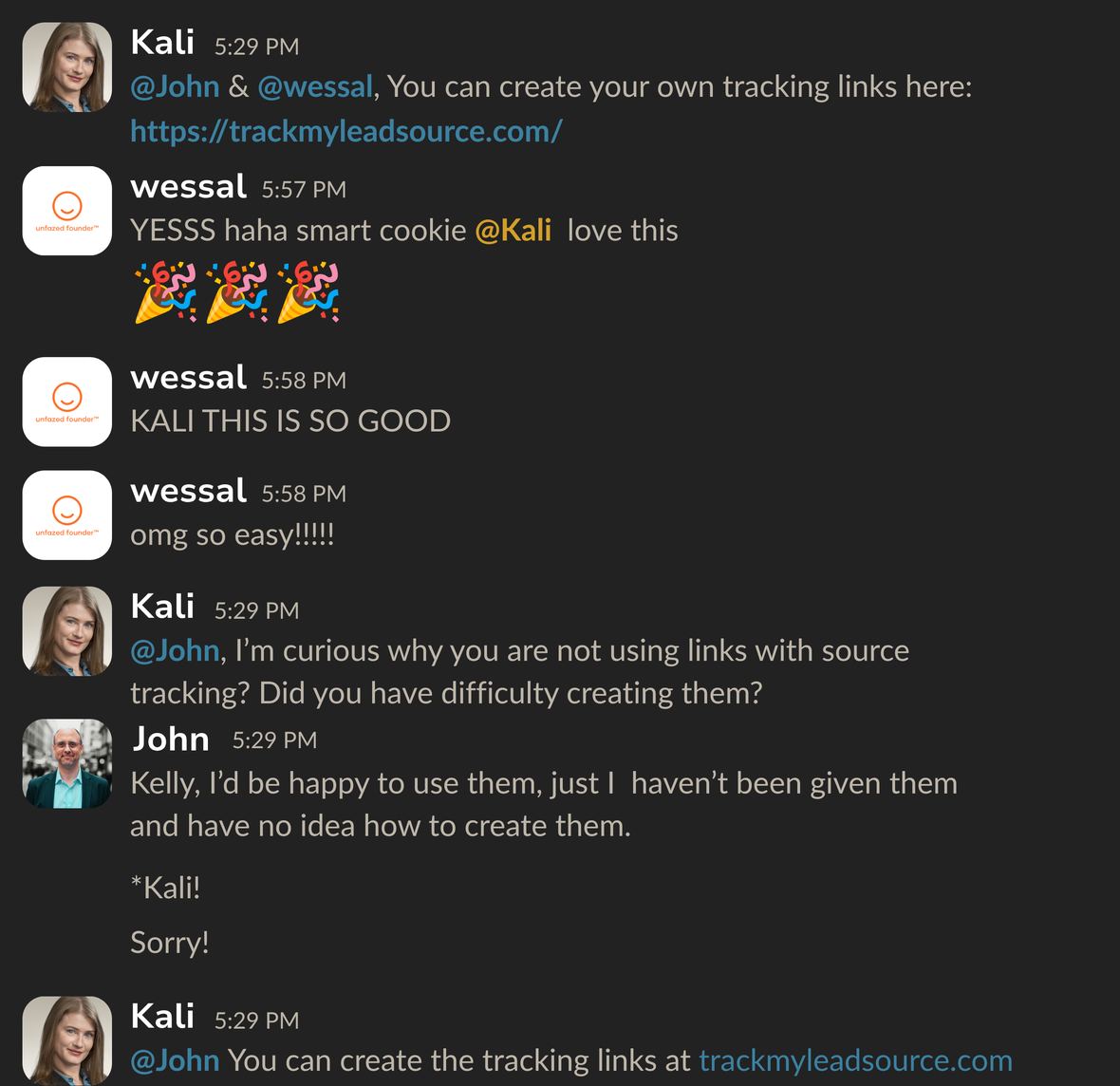 Slack thread: wessal reacting to Track My Lead Source