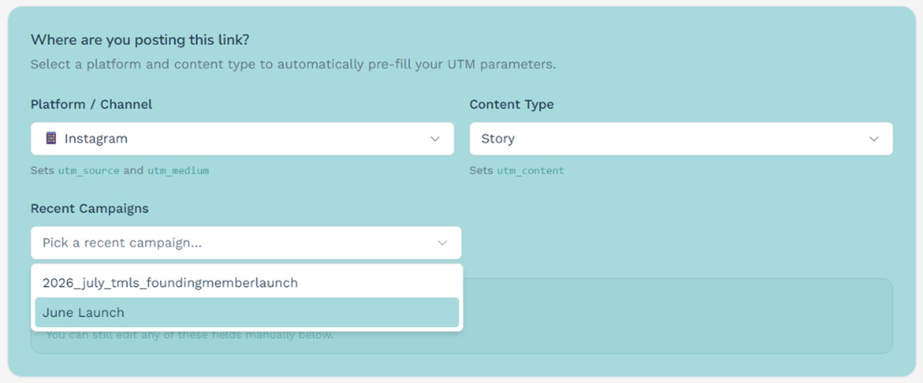 Step two: pick the platform, the content type and a saved campaign, and the UTM values fill themselves in