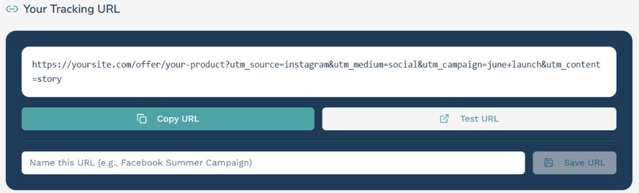 Step three: copy your finished tracking URL, test it, or save it by name