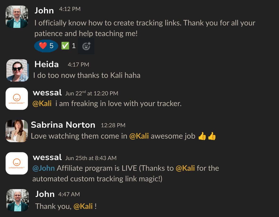 Slack thread: John, Heida, Sabrina and wessal on the tracker
