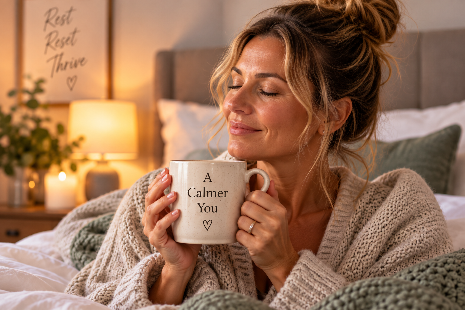 Woman relaxing with a mug during the 7-Night Sleep Reset