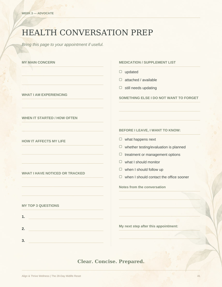 Actual approved one-page Health Conversation Prep from the Companion Workbook