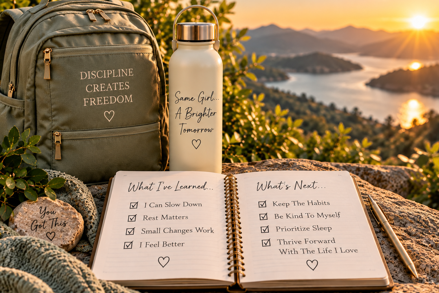 Open journal with backpack and sunrise representing next steps after the Sleep Reset 