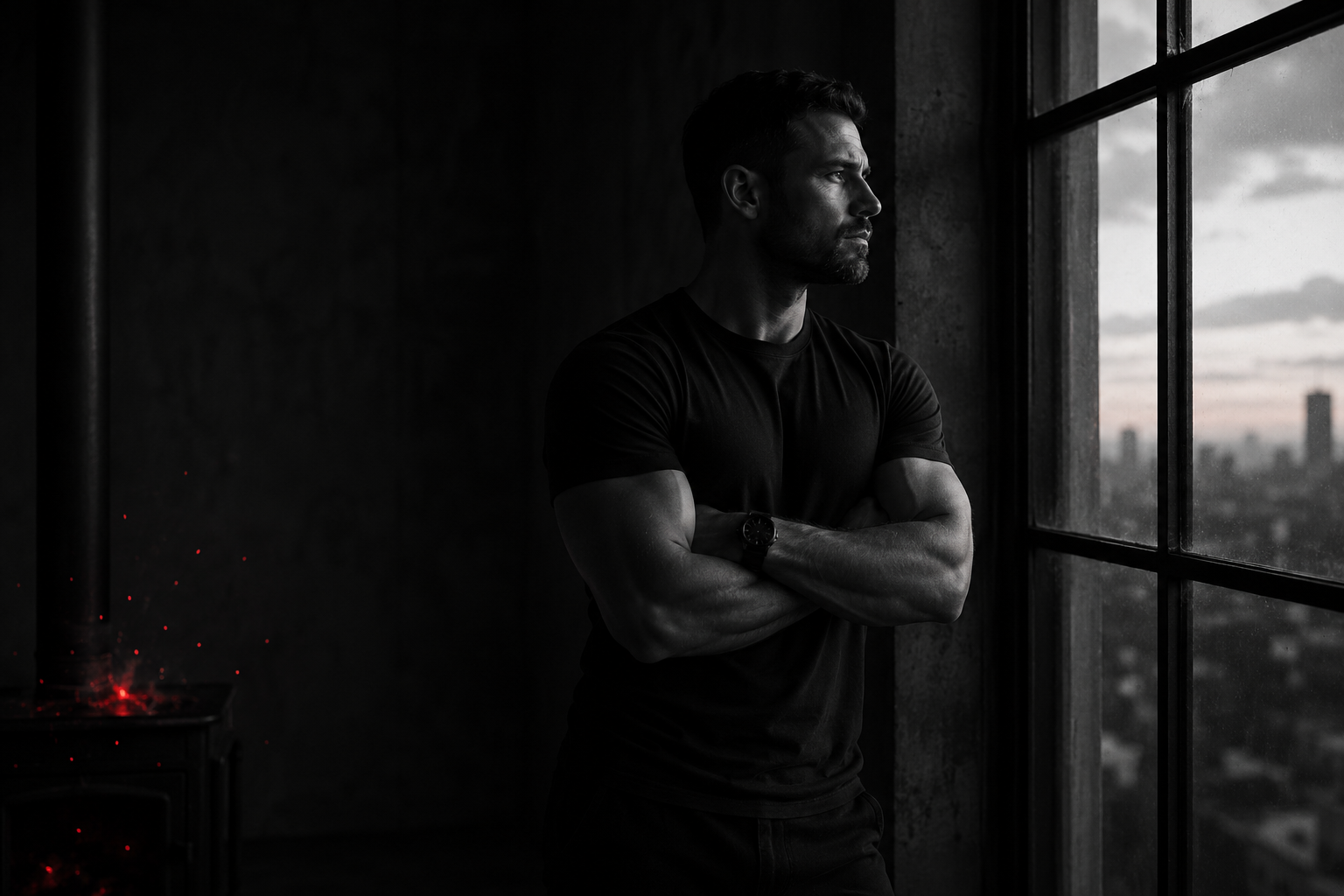 Disciplined man standing at a window overlooking the city at dawn