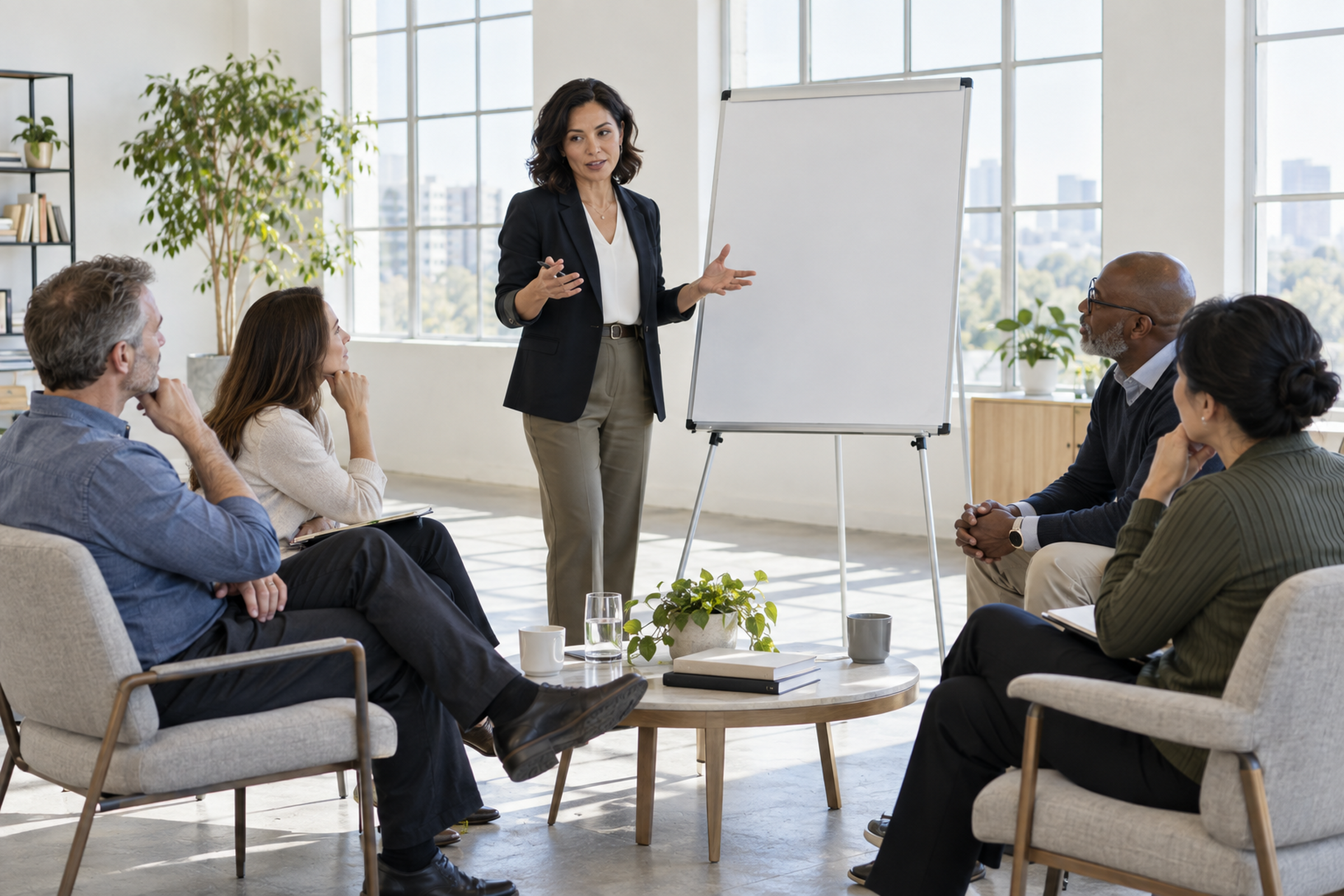 A leader presenting to a small seated group