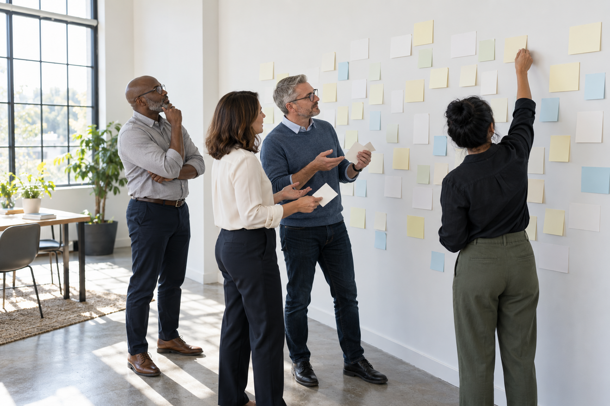 Four colleagues grouping notes on a wall together