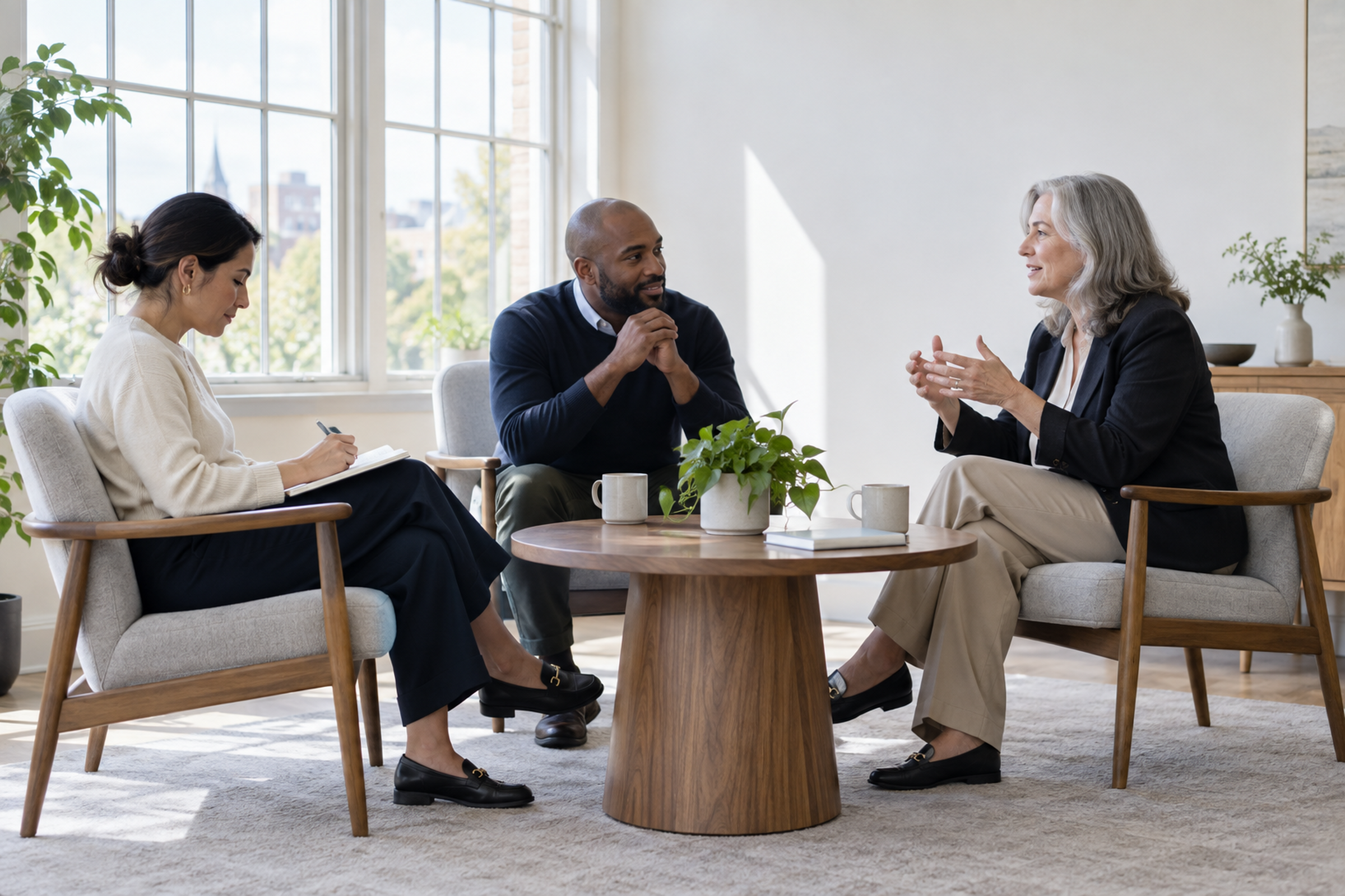 Three colleagues in an unhurried conversation, one taking notes
