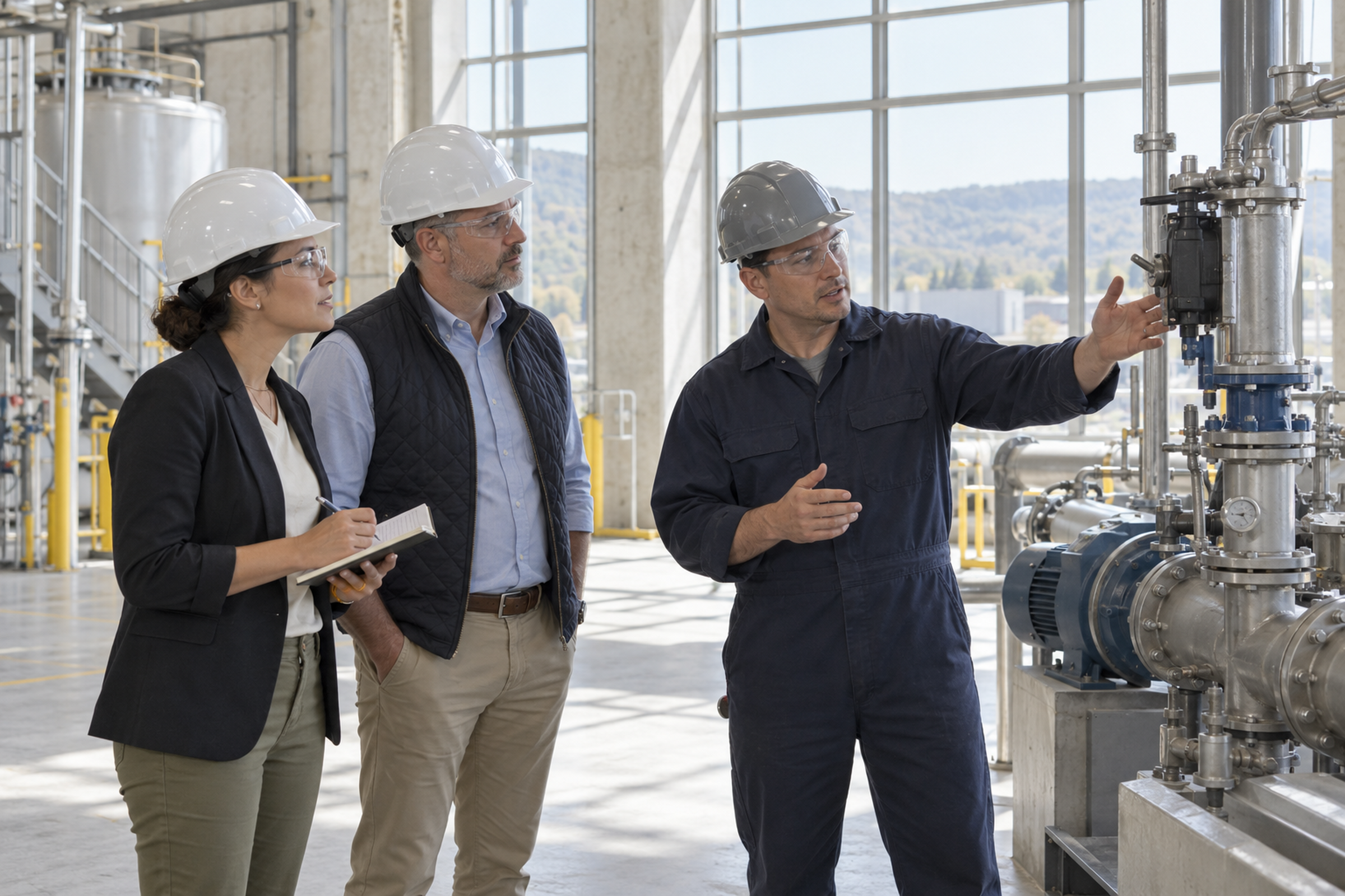Two visitors in safety helmets listening to an operator explain equipment at a customer site