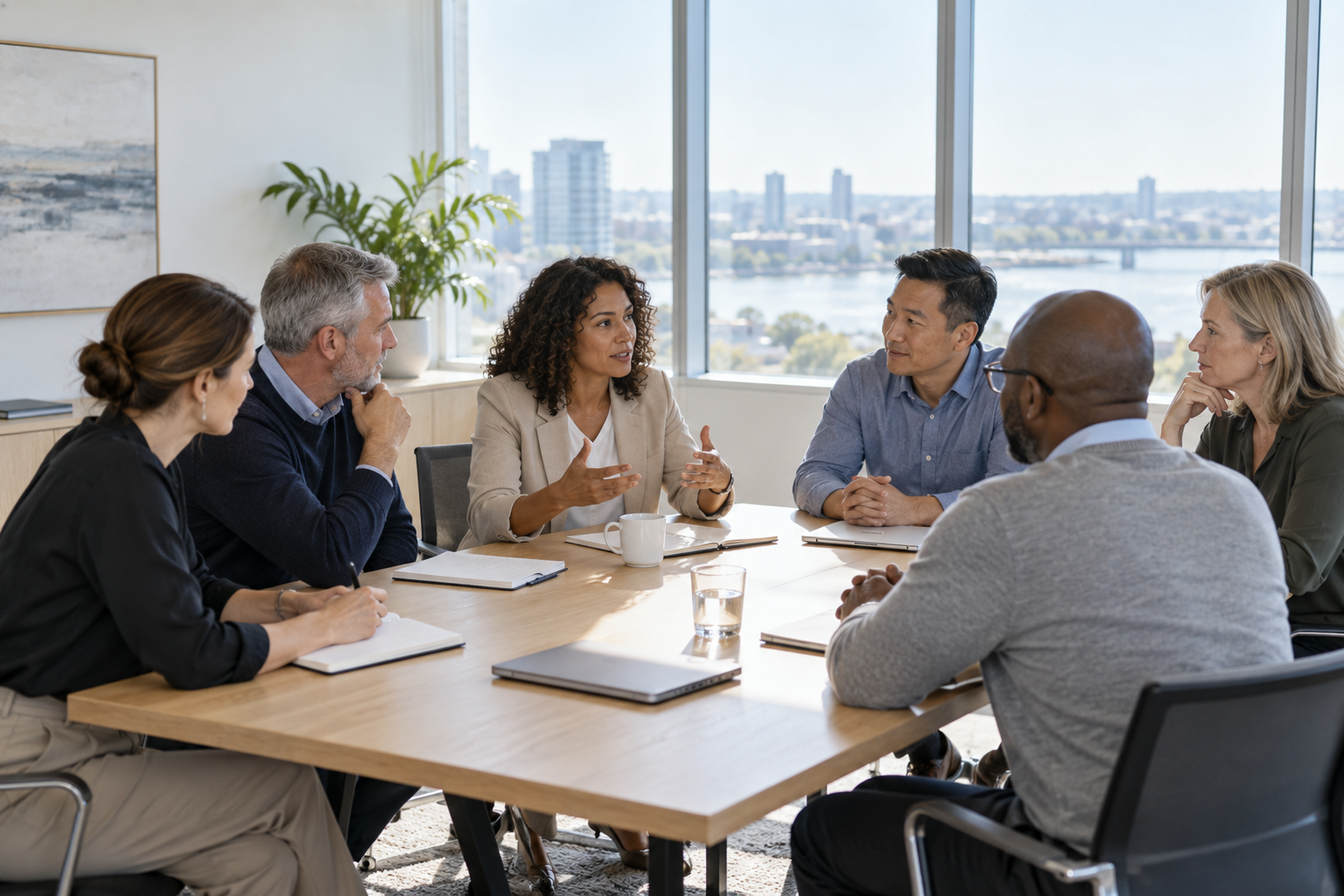 Colleagues in a working session around a table