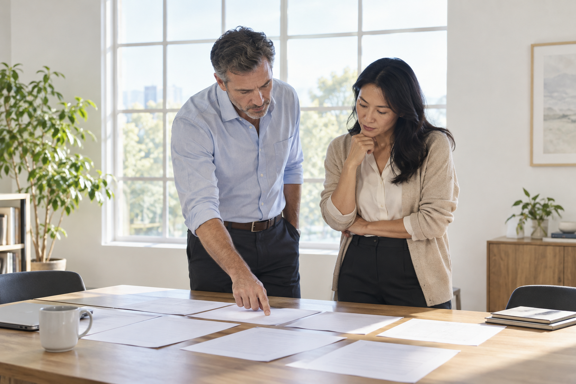 Two colleagues comparing printed sheets laid side by side