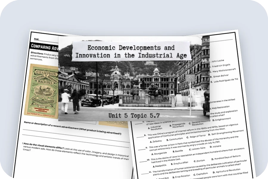 The Topic 5.7 lecture title slide, an advertisement analysis activity and the Unit 5 vocab quiz