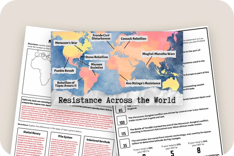The Resistance Across the World lecture slide, a graphic organizer answer key and an Age of Exploration escape room page from Unit 4
