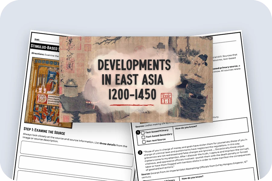 The Topic 1.1 lecture title slide, a scaffolded SAQ practice page and an identifying sources activity from Unit 1