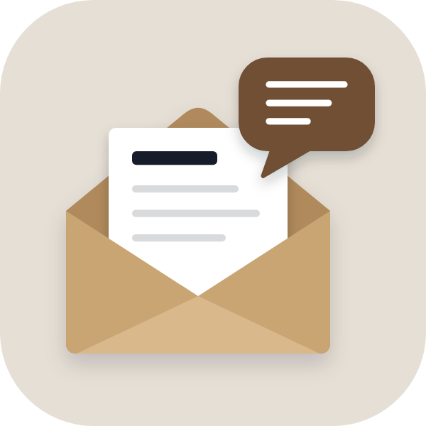 An open envelope with a note and a reply bubble