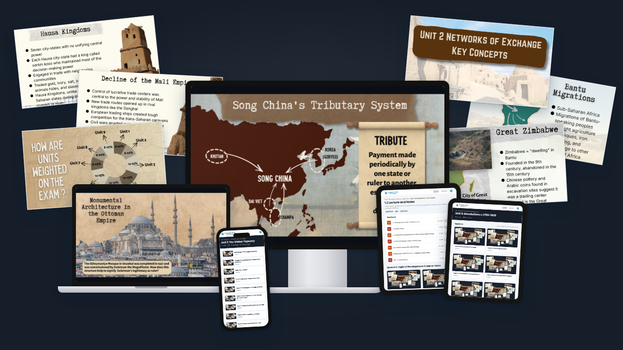 The AP World History Membership cover: lecture slides fanned behind the title