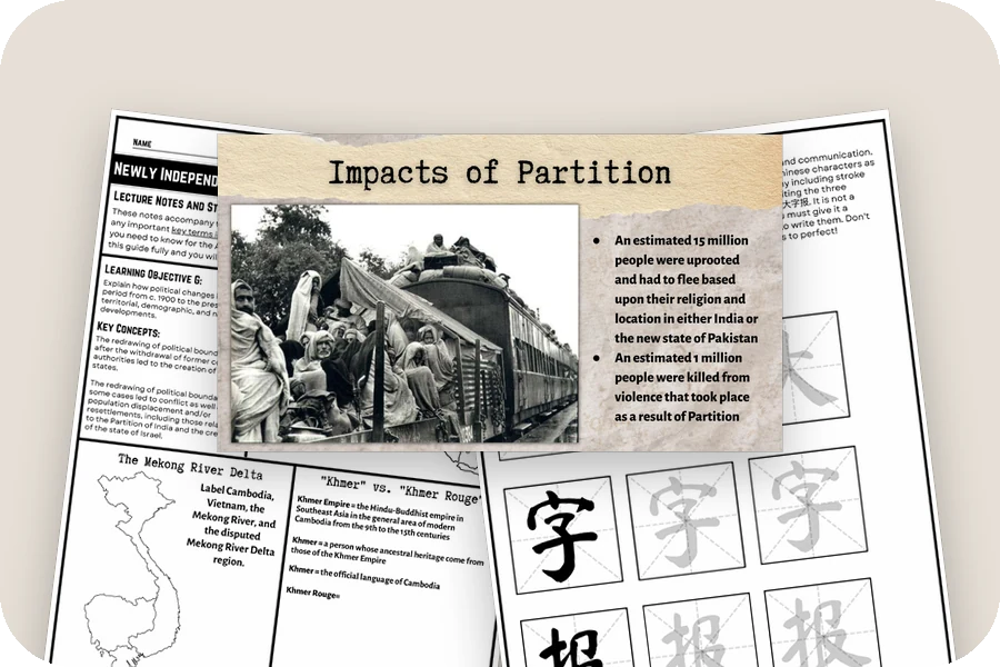 The Impacts of Partition lecture slide, the 8.6 guided notes and the Big Character Posters project from Unit 8