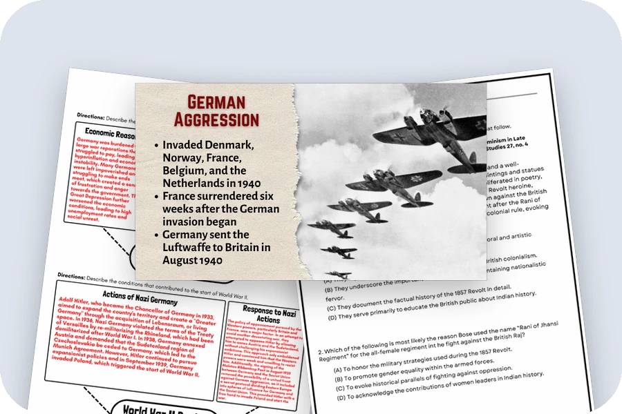 A Conducting World War II lecture slide, a graphic organizer answer key and the Unit 7 MCQ practice