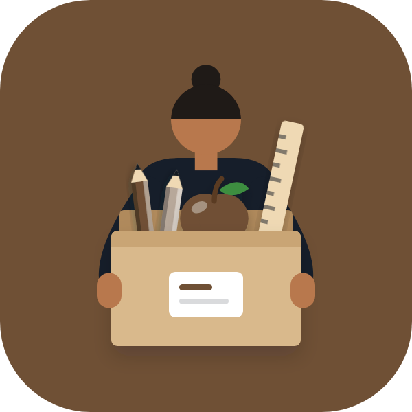 A teacher carrying a box of classroom supplies