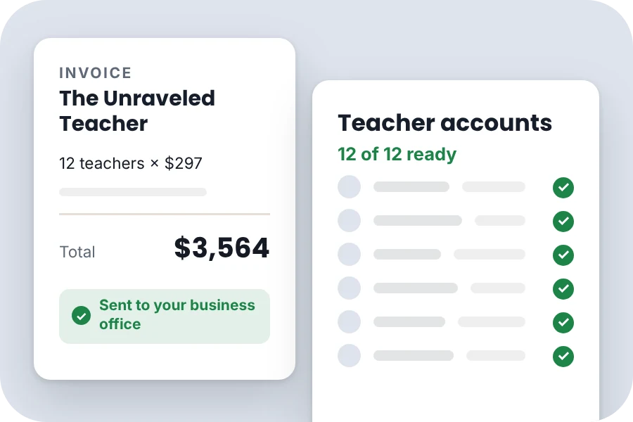An invoice marked as sent, beside a list of teacher accounts that are ready