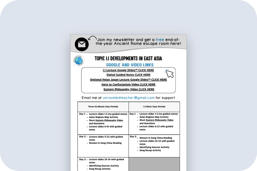 The START HERE teacher notes page for Topic 1.1, with its links and pacing