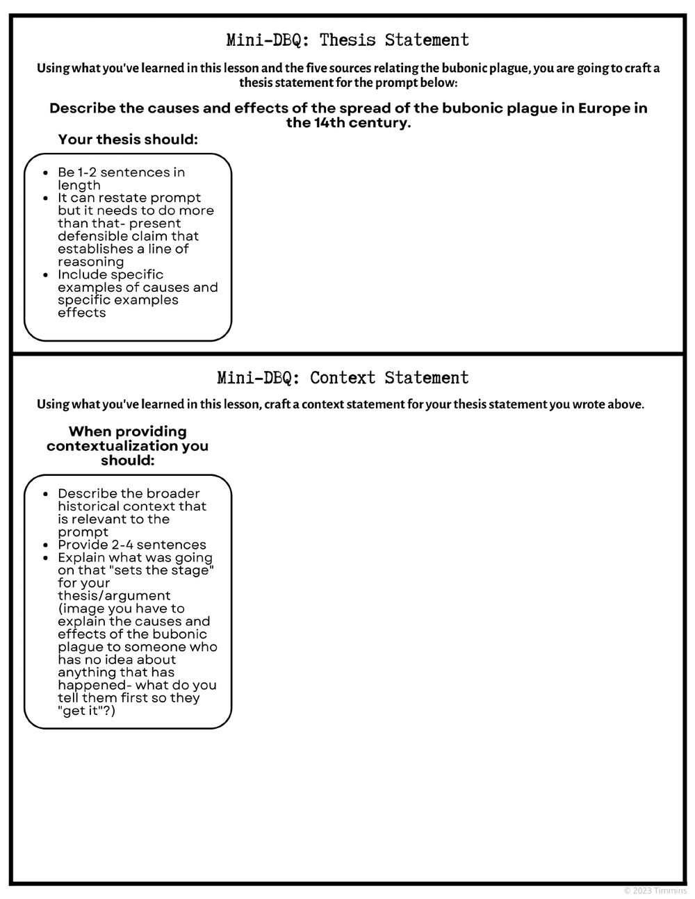 The guided notes page where students write the mini-DBQ thesis statement and context statement
