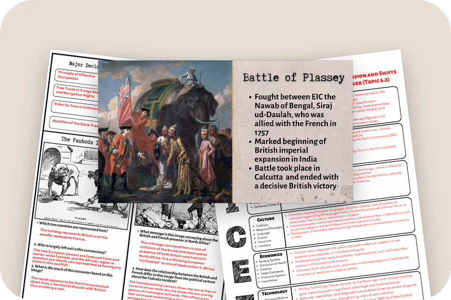 The Battle of Plassey lecture slide, a 6.2 guided notes key and the Unit 6 SPICE-T chart key