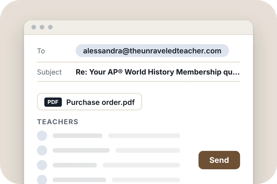 A reply email with a purchase order attached and a list of teachers