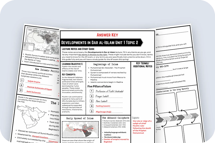 Three guided notes pages with the answers filled in