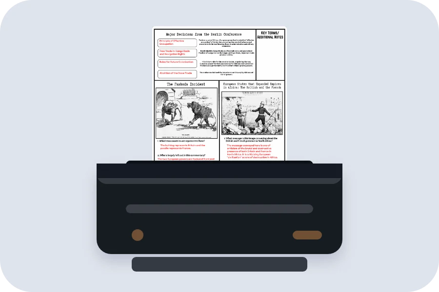 A guided notes key page coming out of a printer