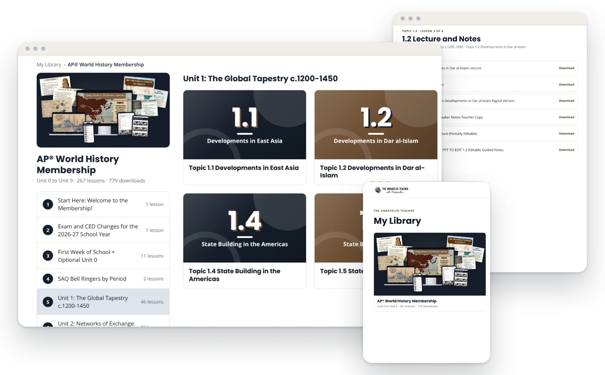 Three screens of the member area: the course page, a topic page and the library