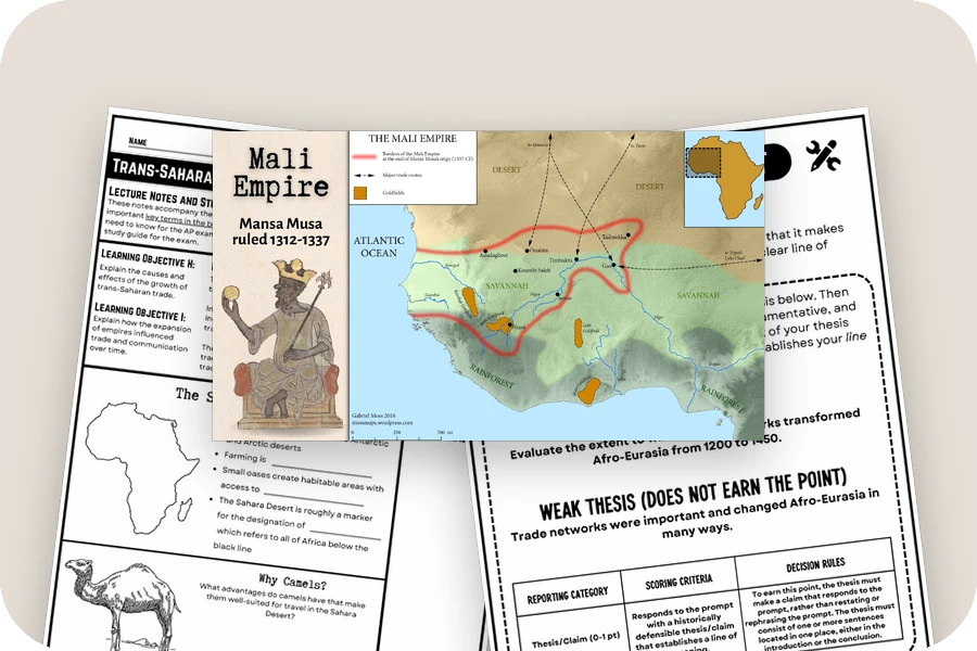The Mali Empire lecture slide, the 2.4 guided notes and a writing skills station from Unit 2