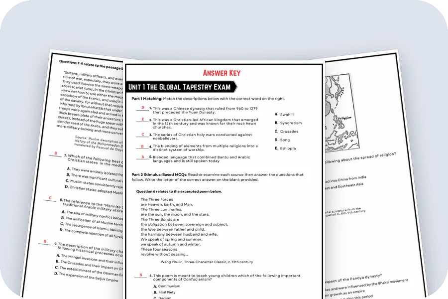 Three unit exam pages with the answer key