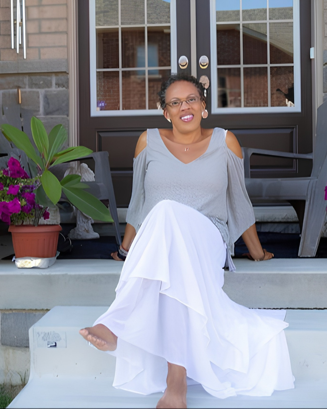 Natalie Stuart sitting on her front steps