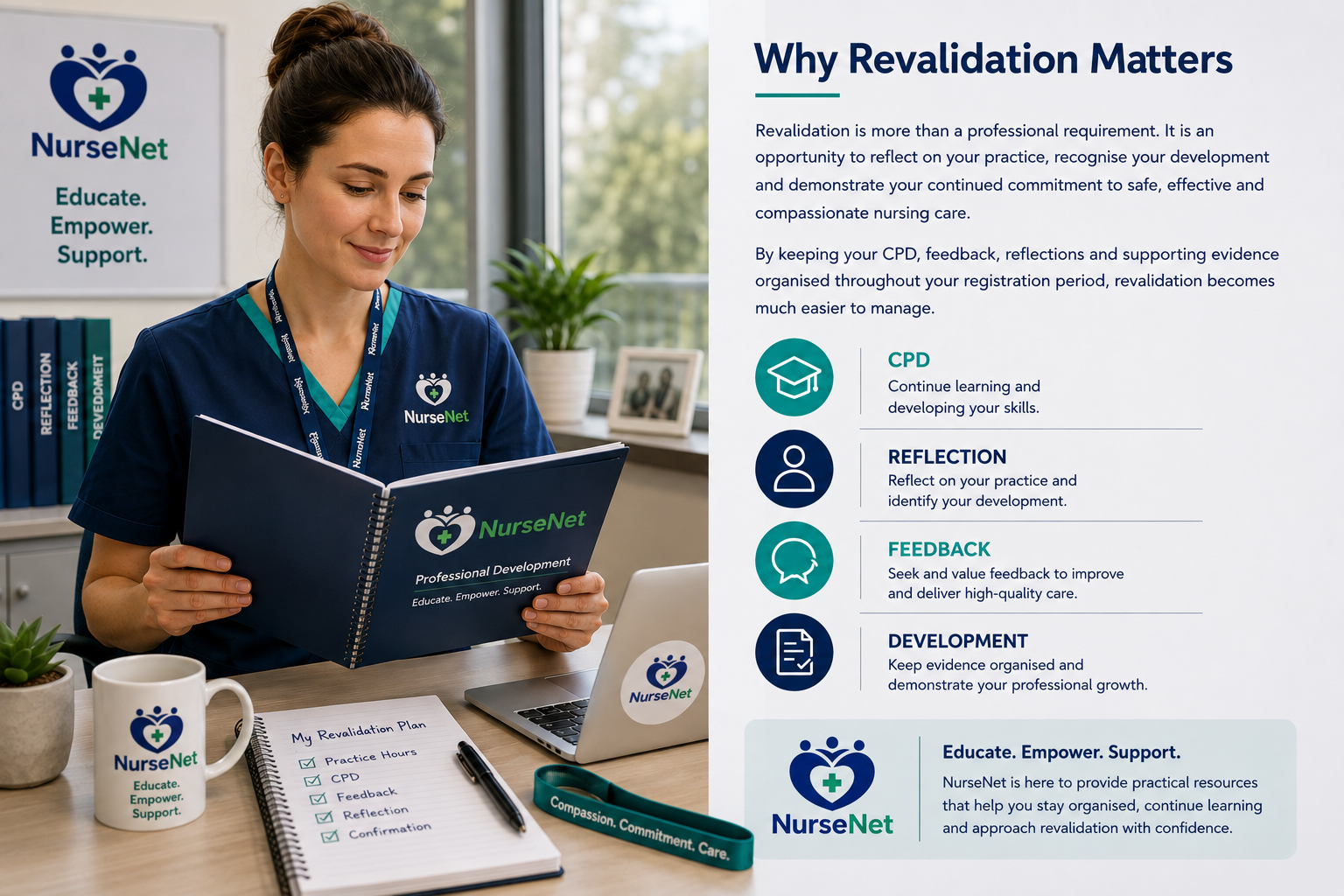 NurseNet nurse reviewing professional development and NMC revalidation resources