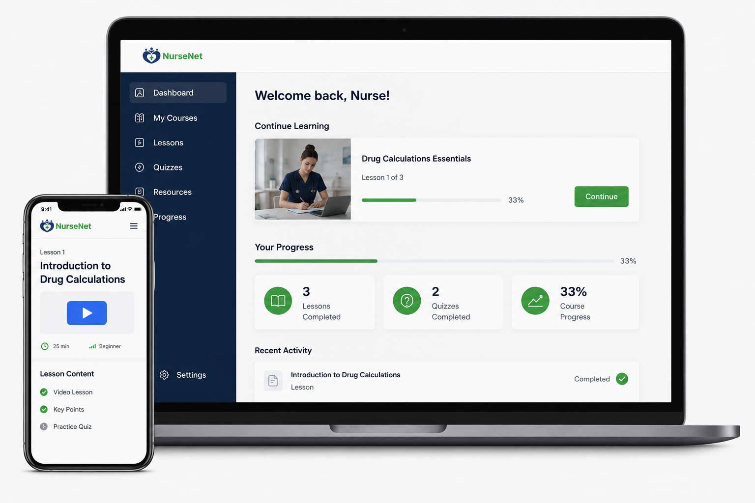NurseNet drug calculation online platform preview on laptop and mobile