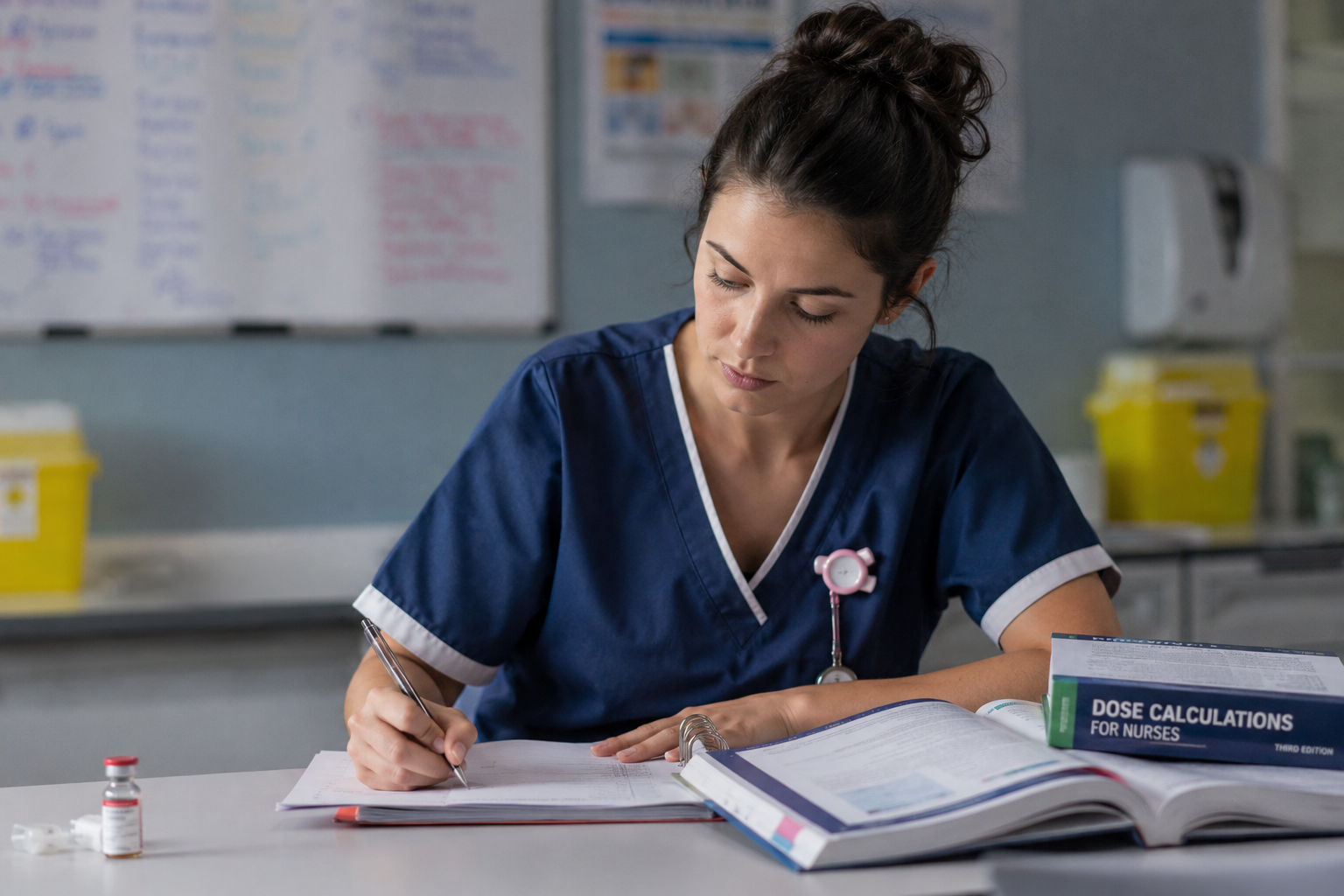 Nurse studying medication dose calculations with a textbook
