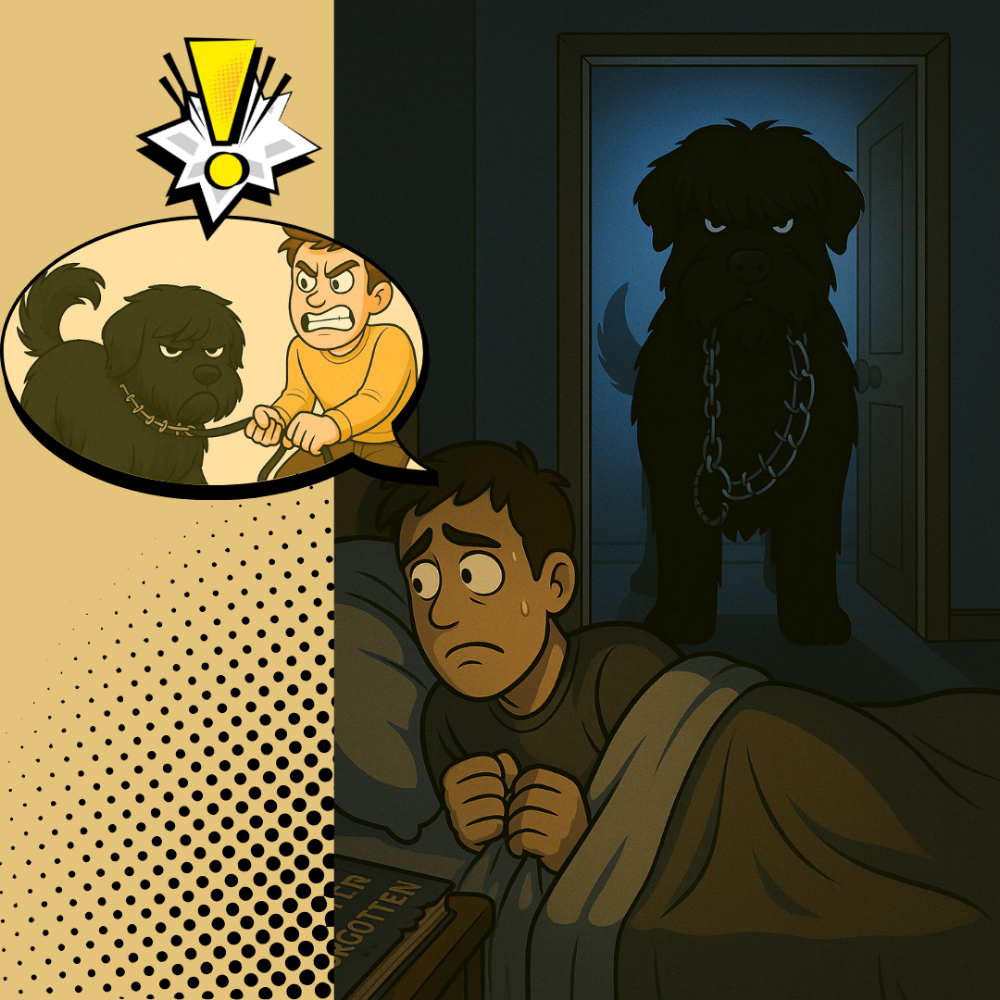 Cartoon of Mike lying awake while a powerful adolescent Black Russian Terrier stands in the doorway, showing the consequences of harsh handling and poor training.