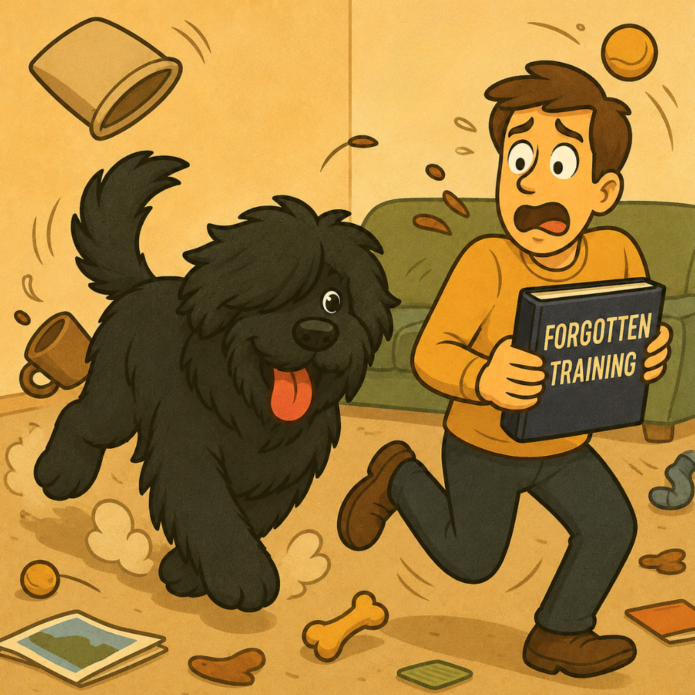 Cartoon of adolescent Black Russian Terrier Mishka chasing Mike through a messy living room as he holds a book titled “Forgotten Training.”