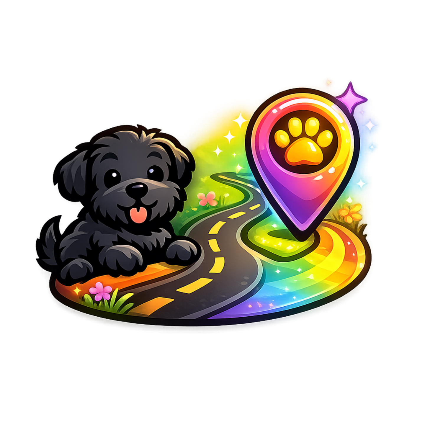 Black Russian Terrier puppy beside a colorful road and location marker, representing dog shows, events, and Color Splash meetups.