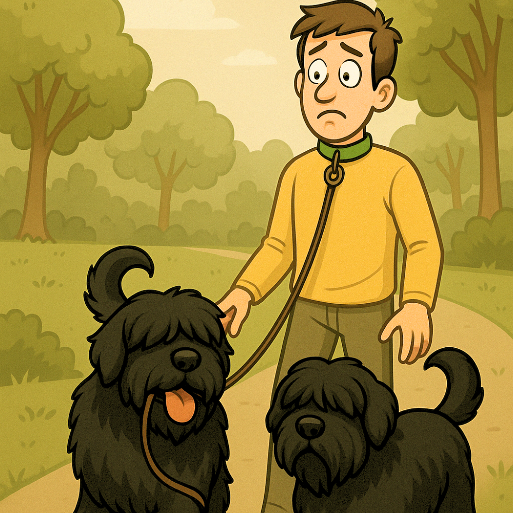Cartoon of Mishka, an adolescent Black Russian Terrier, walking her passive first-time owner with the leash tangled around his neck.