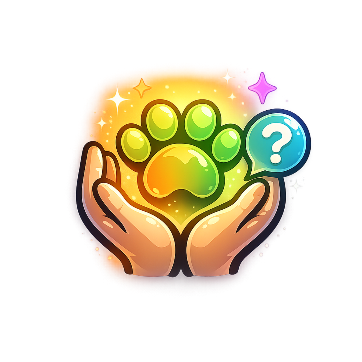 Colorful paw print held in caring hands with a question bubble, representing trusted guidance and breeder support.