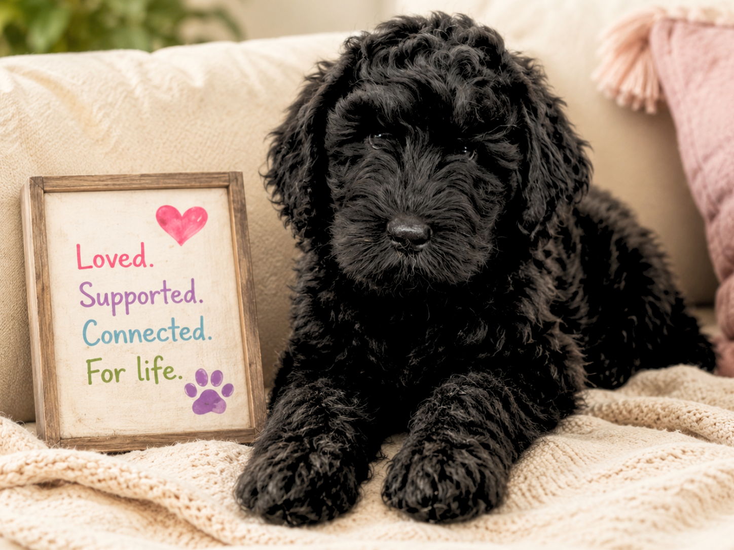 Black Russian Terrier puppy resting on a cozy couch beside a framed Pawcasso Club sign reading “Loved. Supported. Connected. For life.”